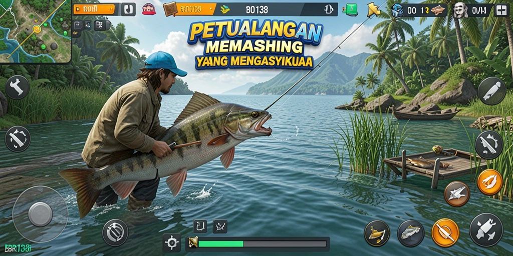 Tampilan gameplay BRO138 saat menangkap ikan di danau.