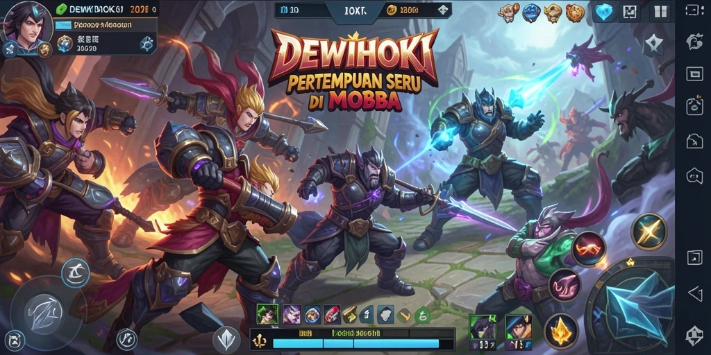 Tangkapan layar utama DEWIHOKI menunjukkan aksi seru dalam permainan MOBA.
