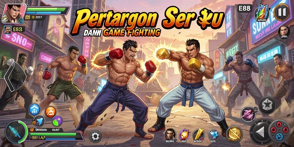 Screenshot gameplay E88 menunjukkan karakter bertarung dengan serangan spektakuler.