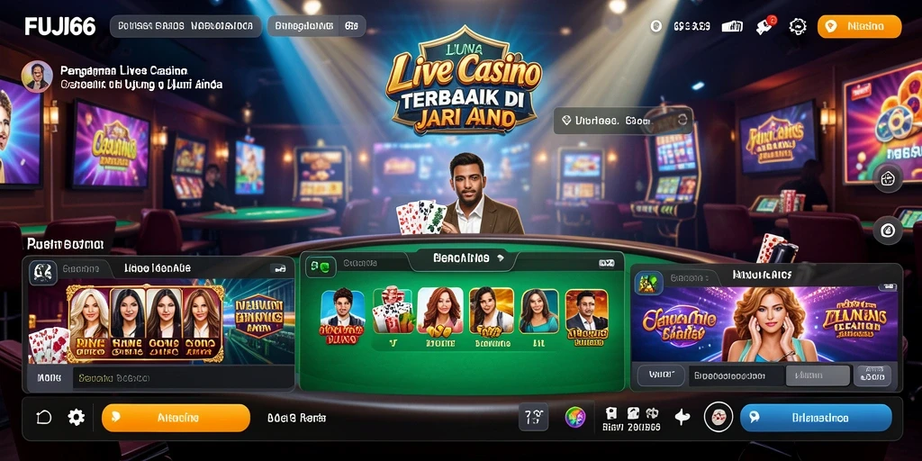 Screenshot gameplay FUJI66 menampilkan dealer langsung yang ramah dan suasana kasino yang hidup.