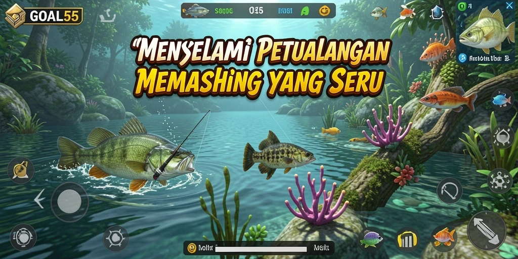 Screenshot dari gameplay <strong>GOAL55</strong> menampilkan momen seru saat memancing.