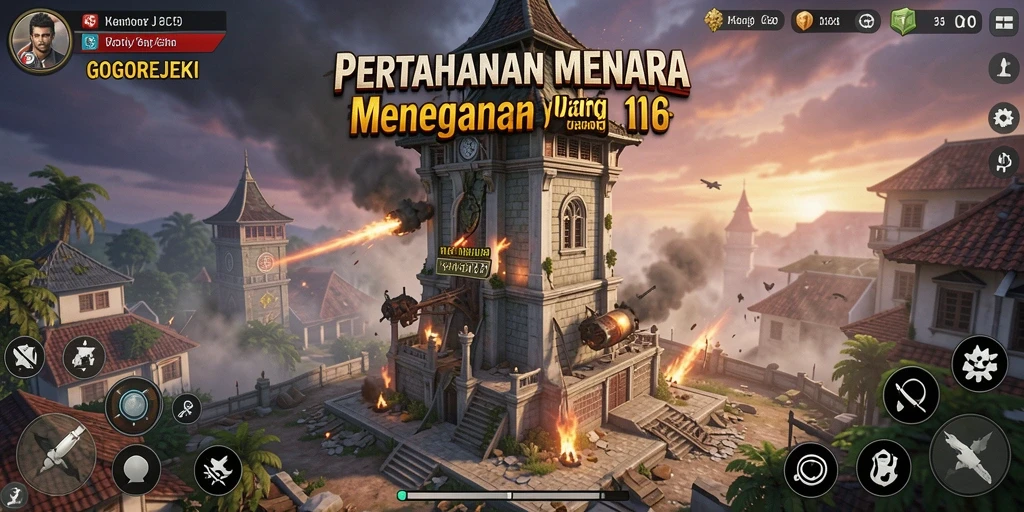 Tangkapan layar GOGOREJEKI menampilkan aksi mendebarkan dalam pertempuran Tower Defense.