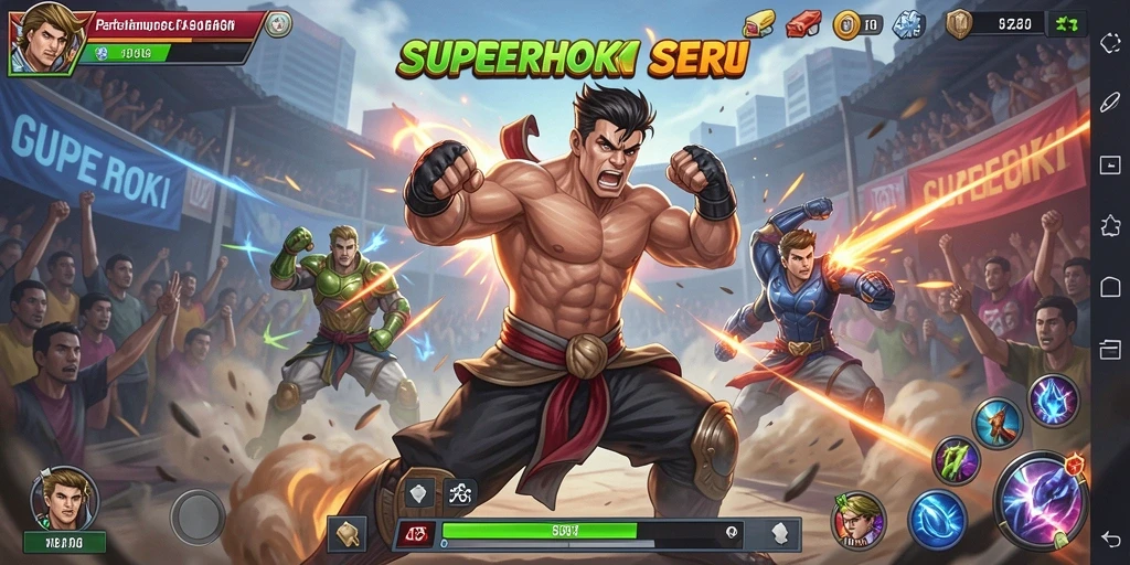 Screenshot gameplay <strong>SUPERHOKI</strong> menampilkan aksi pertarungan seru.