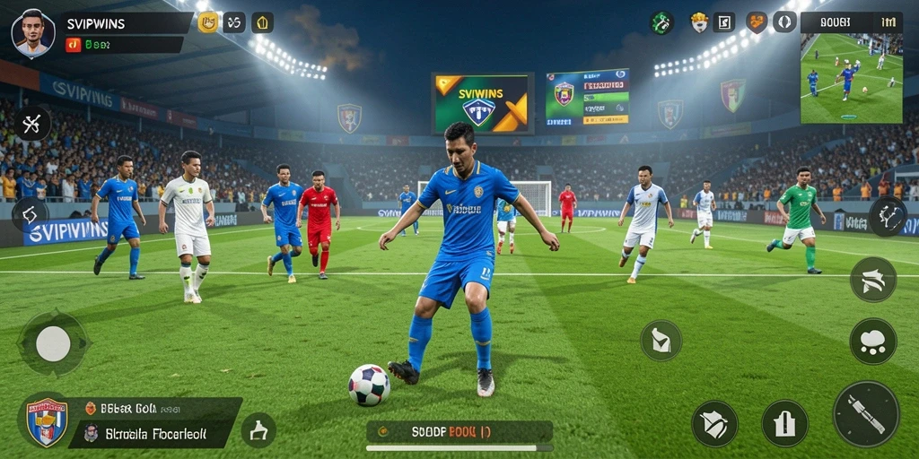 Tangkapan layar dari gameplay <strong>SVIPWINS</strong> yang menampilkan aksi sepak bola yang intens.