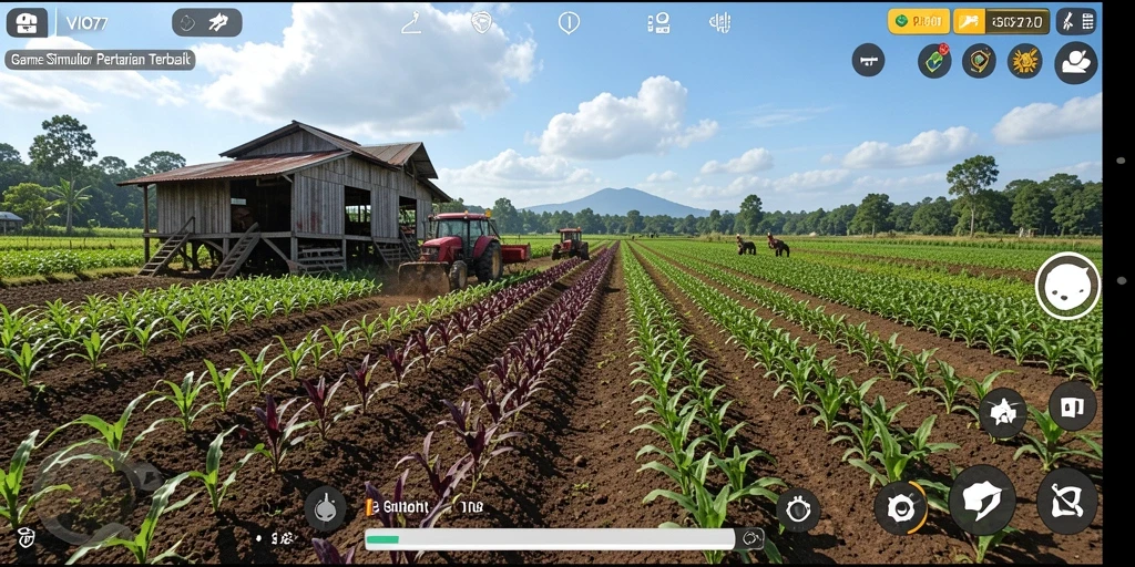 Screenshot gameplay VIO77 yang menunjukkan kebun yang subur dan penuh warna.